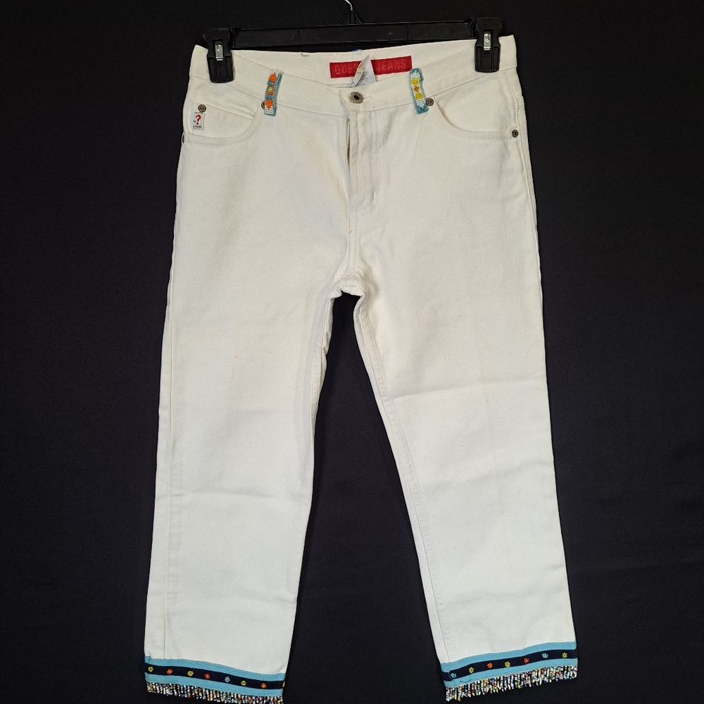 Guess Cropped Denim Jeans, Vintage, White w/ Bead and Ribbon Detail, Sz 2…